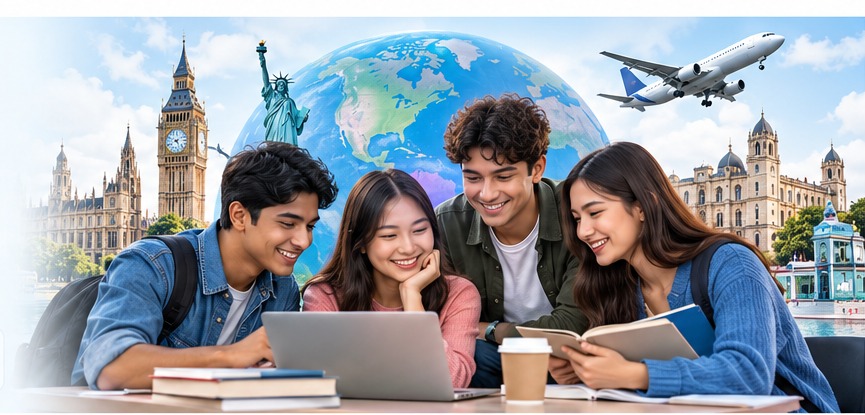 Students exploring international education opportunities with guidance